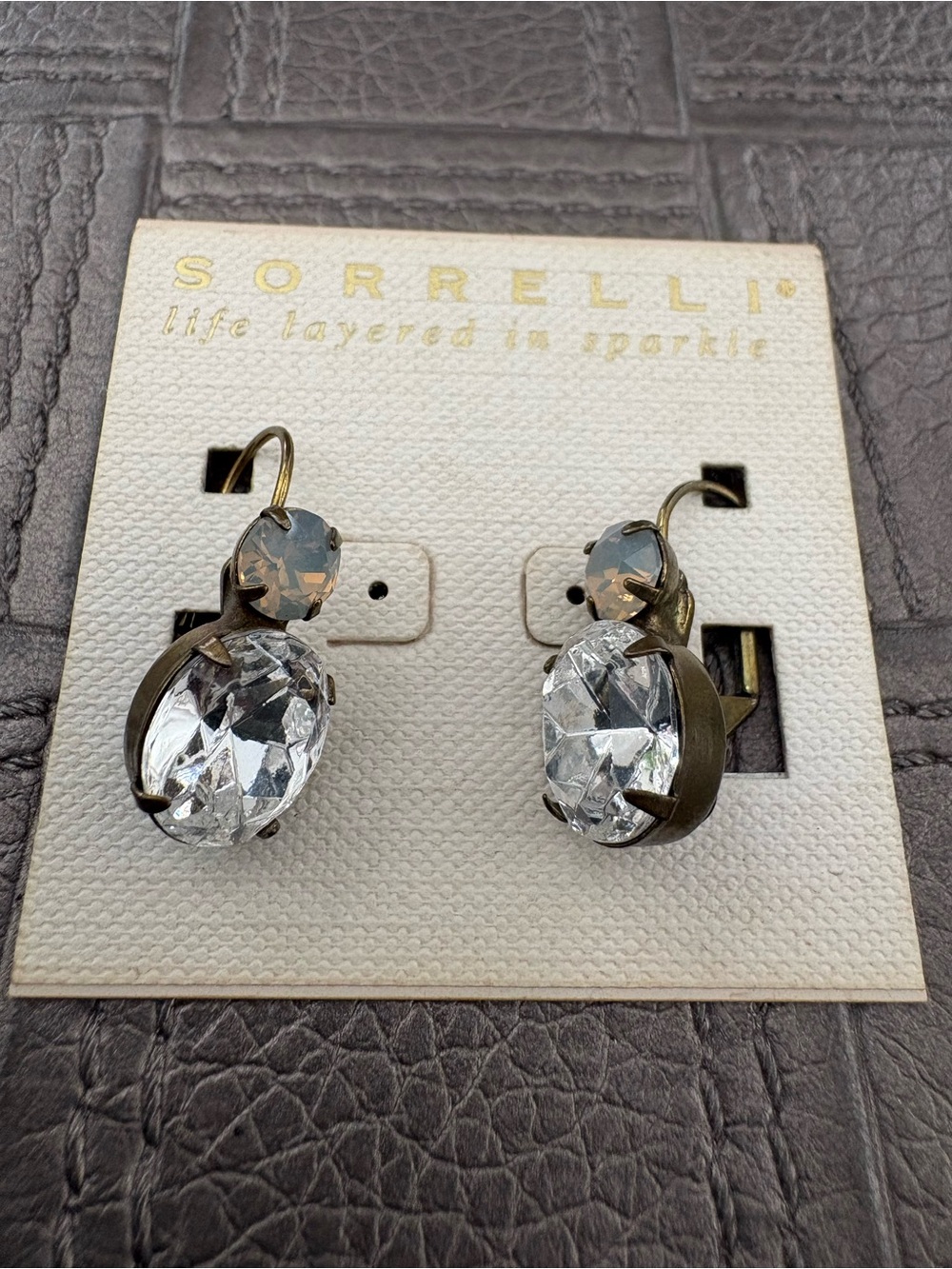 Sorrelli Clear Crystal & Opal Oval Drop Earrings with Antique Brass Accent NWT